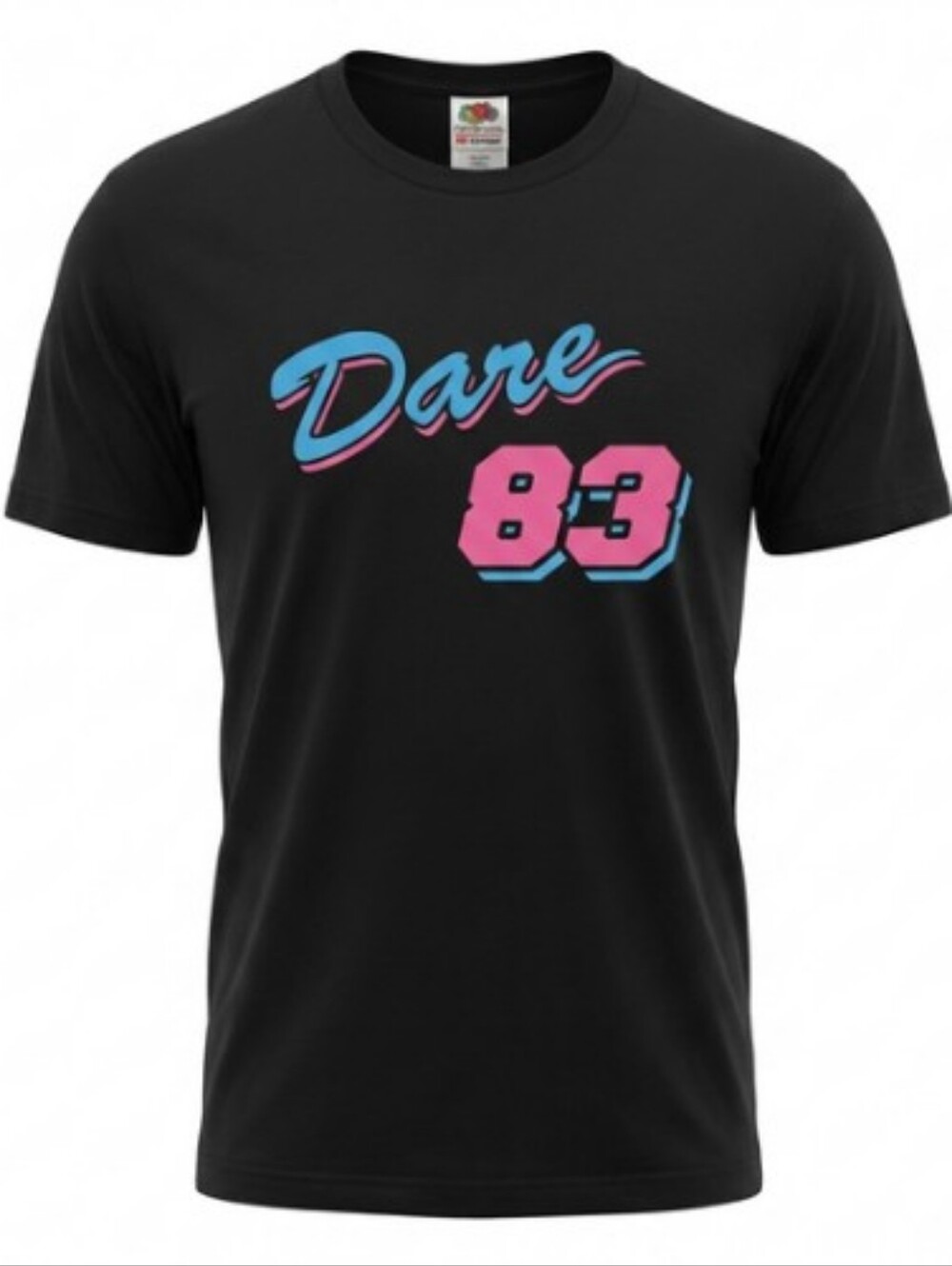 Dare 83 Graphic T Shirt Size Large Black Pink Blue Synthwave Style Fruit of Loom